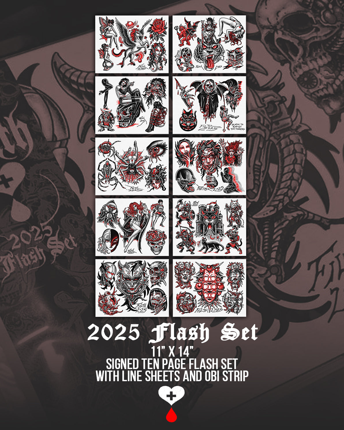 2025 Flash Set packaging with tattoo designs on a dark background by Nick Filth