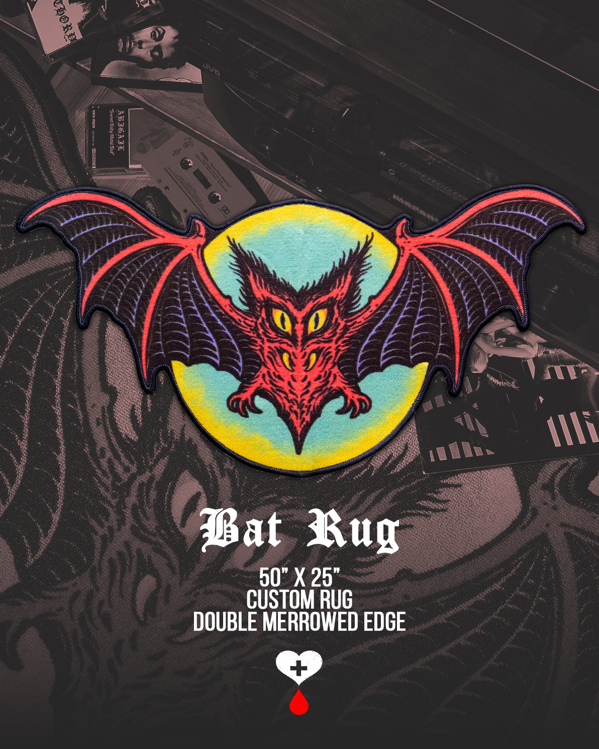 Promotional graphic for a 'Bat Rug' with a bat design and text on a dark background  by Nick Filth