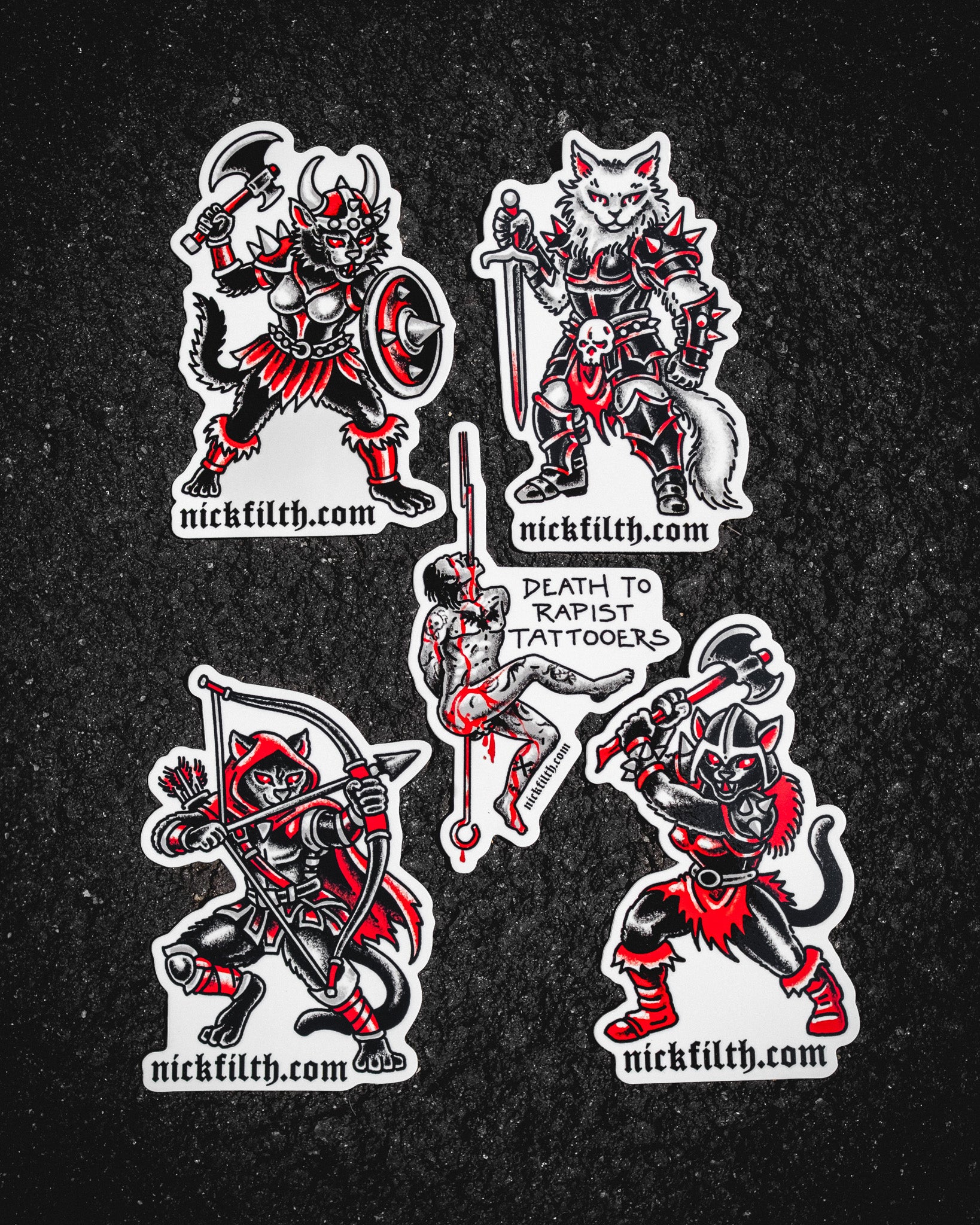 Set of five stickers with warrior-themed designs on a black background