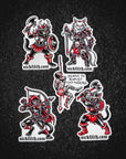 Set of five stickers with warrior-themed designs on a black background