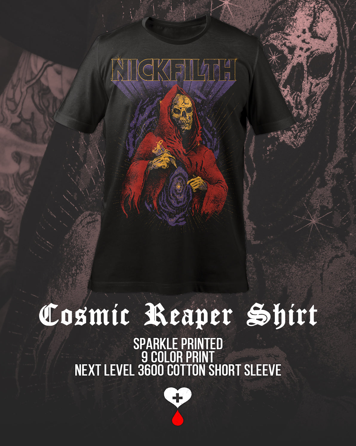 Black t-shirt with 'Cosmic Reaper' design and brand name on a dark background by Nick Filth