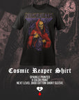 Black t-shirt with 'Cosmic Reaper' design and brand name on a dark background by Nick Filth