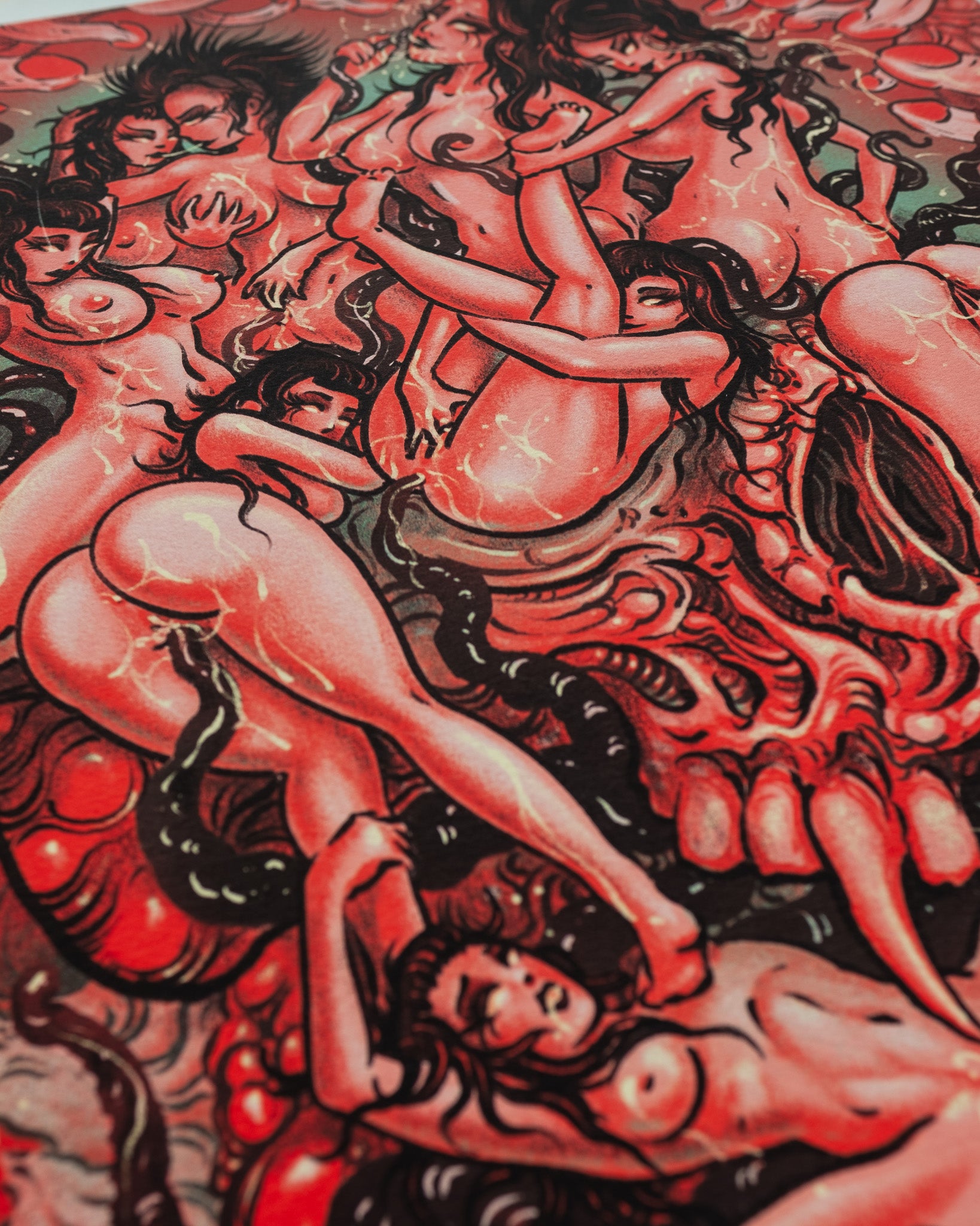 This image features a striking Giclee print titled "Mind F*ck!" which is a provocative and artistically intricate piece for a book by Black Dagger Books. The artwork depicts a vivid scene of red and pink female figures, capturing elements that resonate with the themes of fetishism and rebellion against conventional norms.
