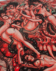 This image features a striking Giclee print titled "Mind F*ck!" which is a provocative and artistically intricate piece for a book by Black Dagger Books. The artwork depicts a vivid scene of red and pink female figures, capturing elements that resonate with the themes of fetishism and rebellion against conventional norms.