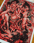 This image features a striking Giclee print titled "Mind F*ck!" which is a provocative and artistically intricate piece for a book by Black Dagger Books. The artwork depicts a vivid scene of red and pink female figures, capturing elements that resonate with the themes of fetishism and rebellion against conventional norms.