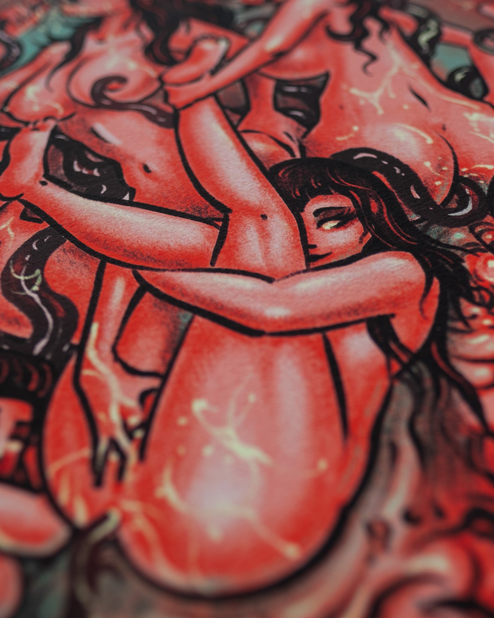 This image features a striking Giclee print titled "Mind F*ck!" which is a provocative and artistically intricate piece for a book by Black Dagger Books. The artwork depicts a vivid scene of red and pink female figures, capturing elements that resonate with the themes of fetishism and rebellion against conventional norms.