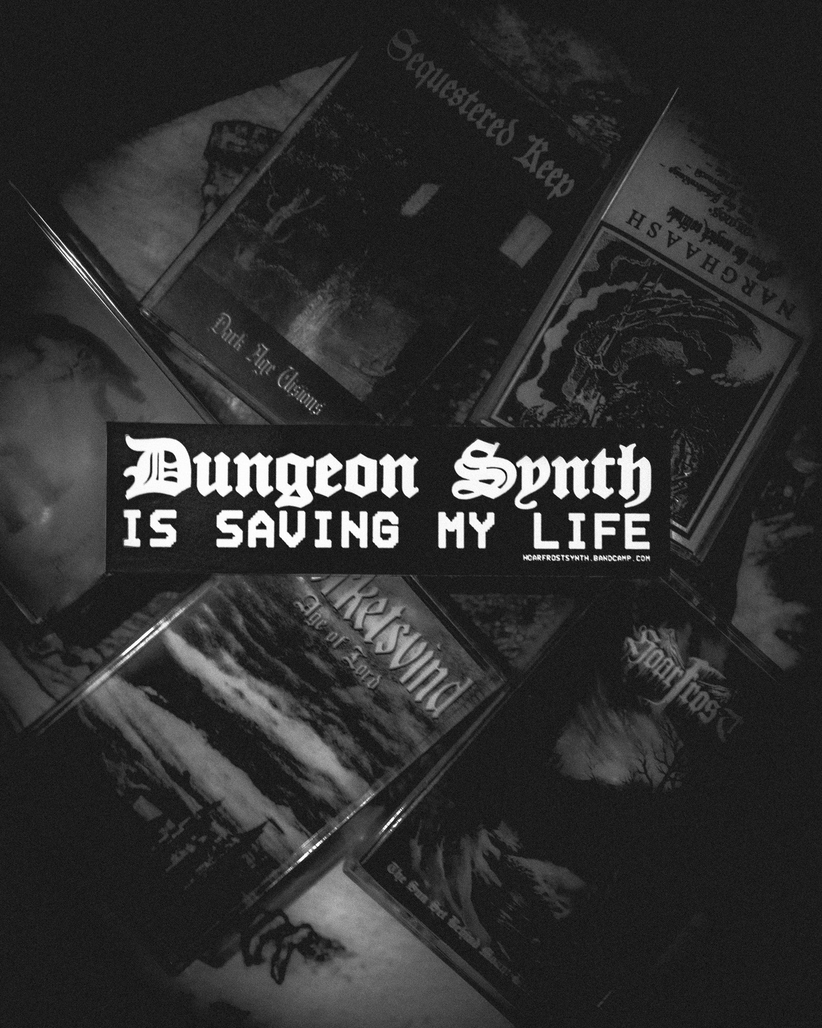 Black and white image of music albums with text overlay 'Dungeon Synth is Saving My Life'.