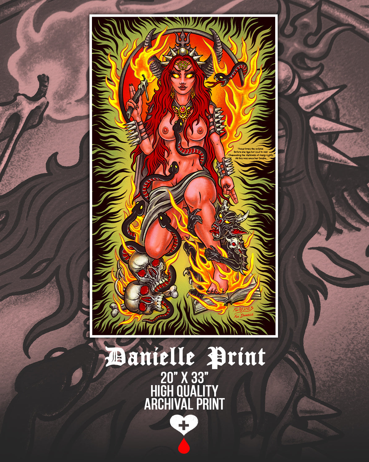Artistic print of a woman with red hair and armor, surrounded by flames, on a dark background with 'Danielle Print' branding  by Nick Filth