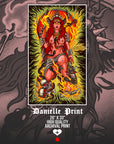 Artistic print of a woman with red hair and armor, surrounded by flames, on a dark background with 'Danielle Print' branding by Nick Filth