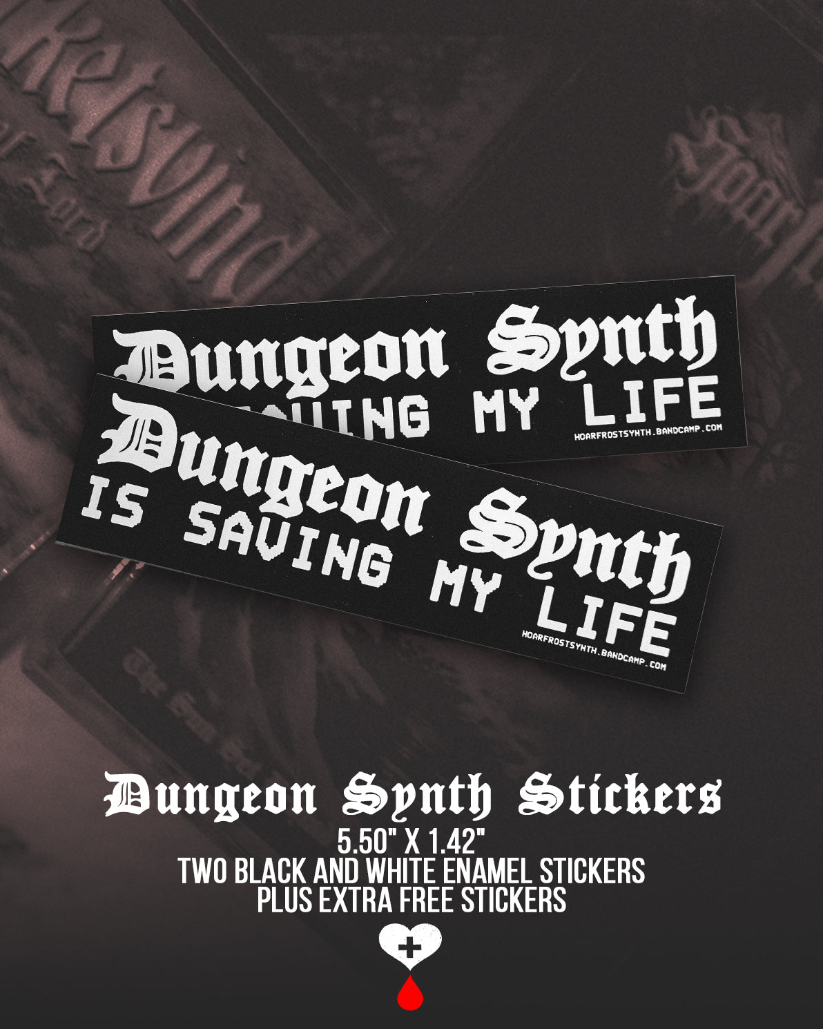 Two Dungeon Synth stickers on a dark background with text and branding.