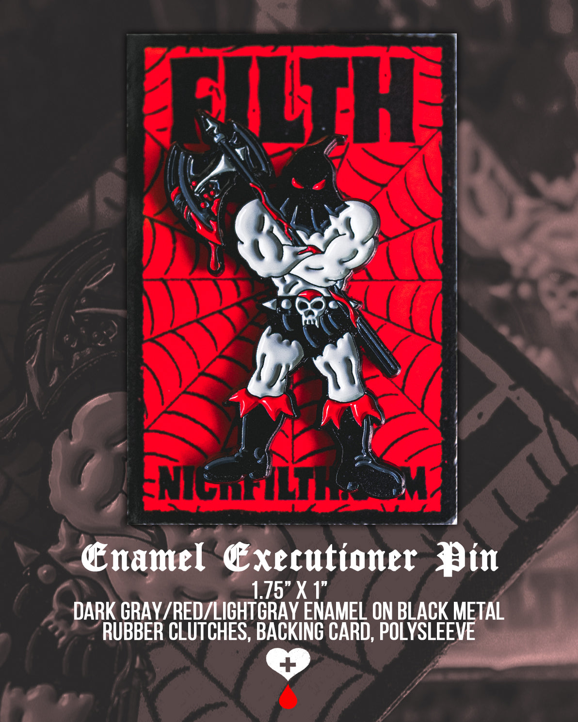 Enamel Executioner Pin with red and black design on a dark background