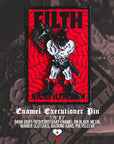 Enamel Executioner Pin with red and black design on a dark background