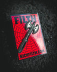 Pin with ax design on a red and black spider web background, featuring 'NICKFILTH.COM'