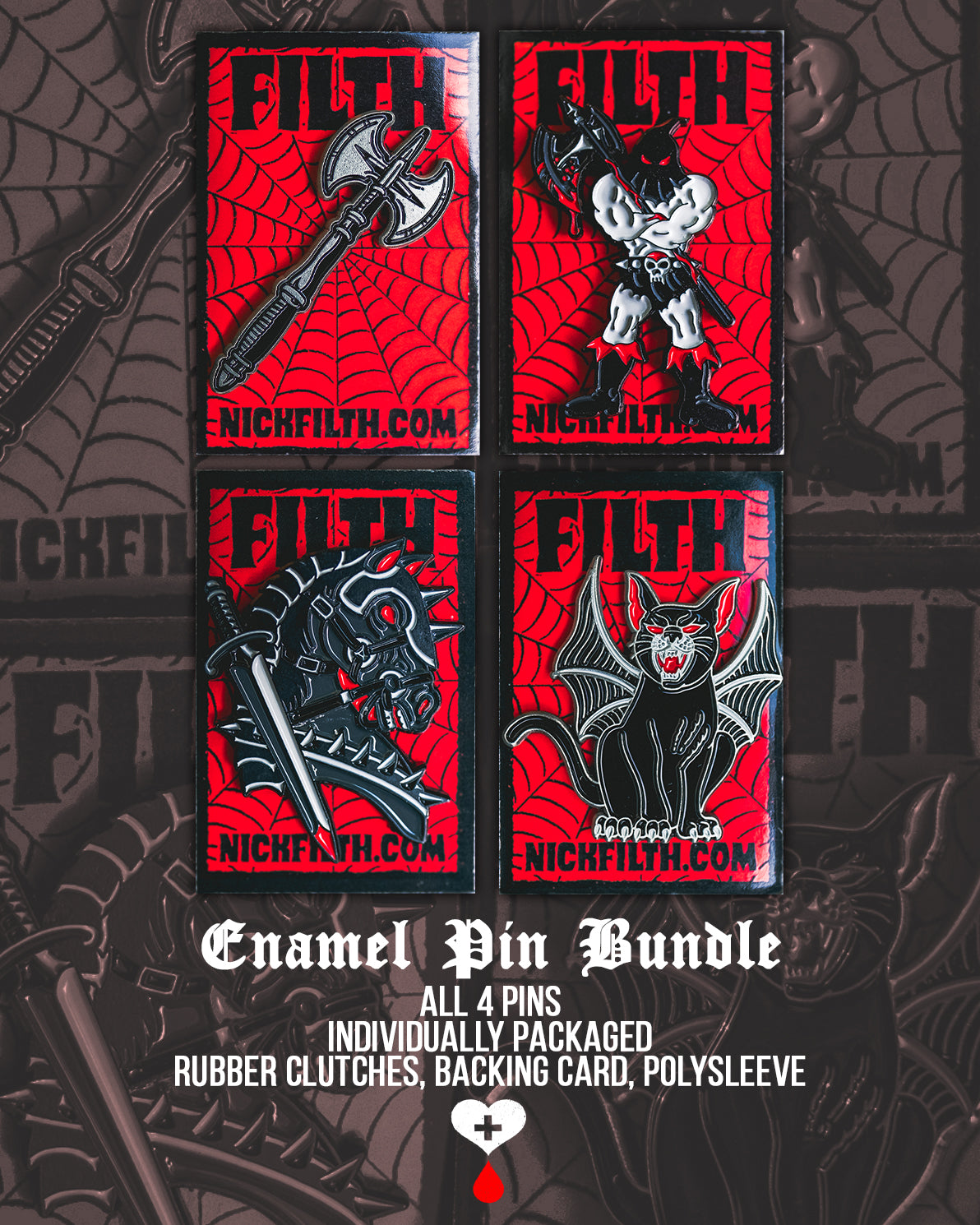 Four enamel pins with 'Filth' branding on a black and red background.