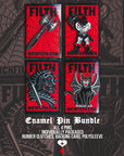 Four enamel pins with 'Filth' branding on a black and red background.