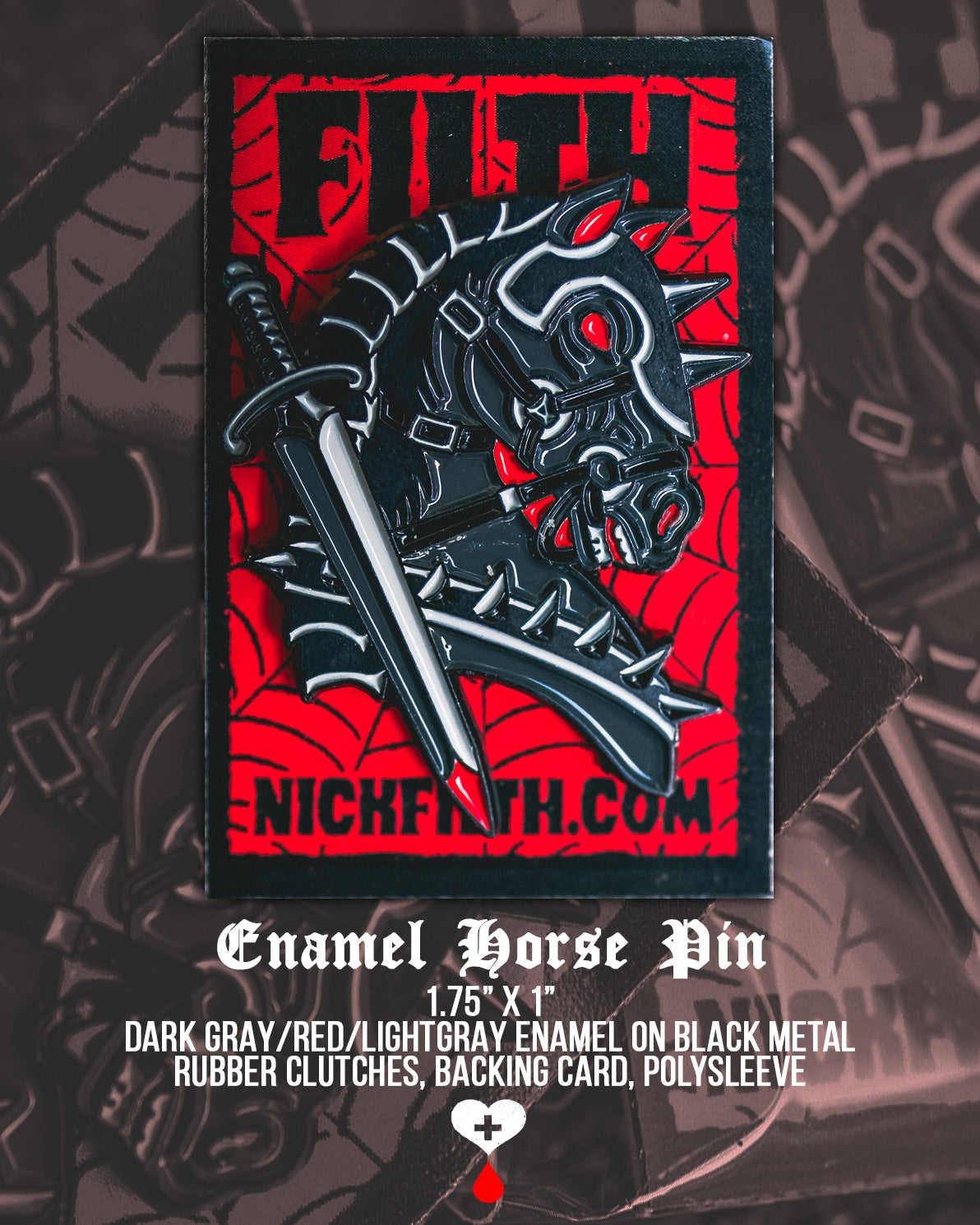 Enamel horse pin with dark gray, red, and light gray enamel on a black metal backing card.