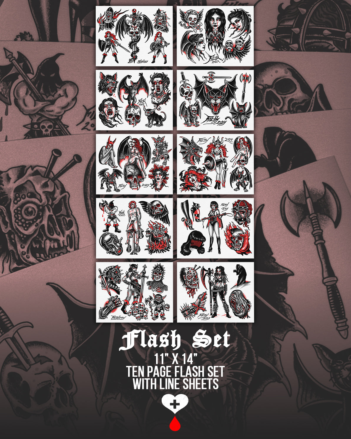 Collection of tattoo flash designs on a dark background with text indicating size and contents  by Nick Filth