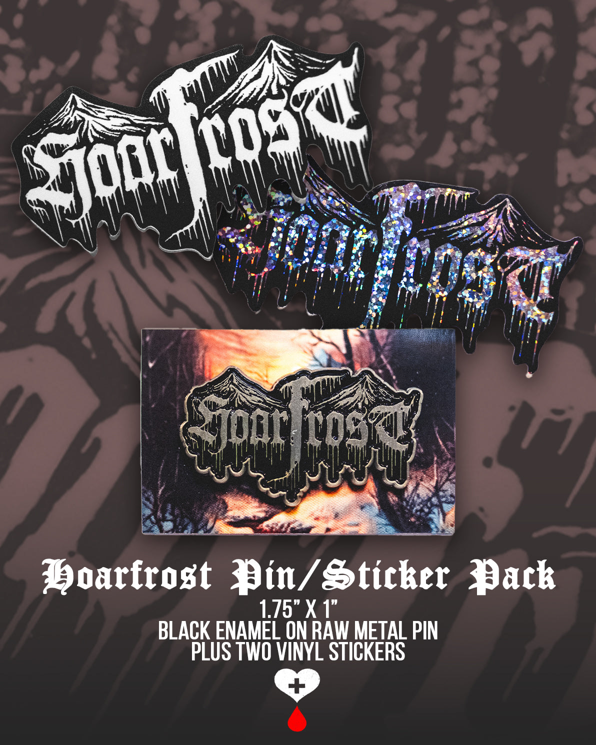 Hoarfrost pin and sticker pack with metallic finish on a dark background by Nick Filth