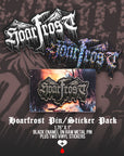 Hoarfrost pin and sticker pack with metallic finish on a dark background by Nick Filth
