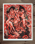 This image features a striking Giclee print titled "Mind F*ck!" which is a provocative and artistically intricate piece for a book by Black Dagger Books. The artwork depicts a vivid scene of red and pink female figures, capturing elements that resonate with the themes of fetishism and rebellion against conventional norms.