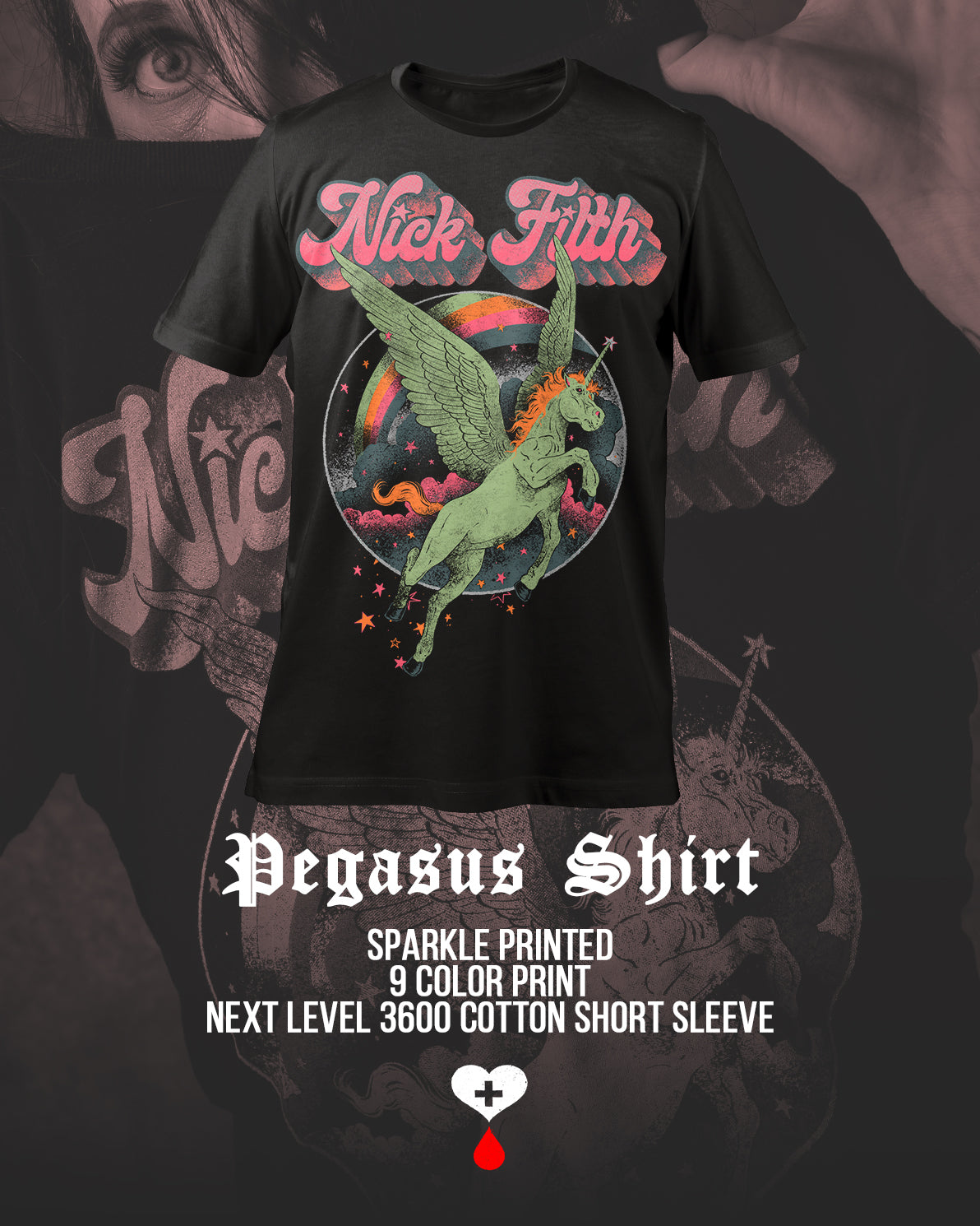 Black t-shirt with a green Pegasus design and text on a dark background by Nick Filth