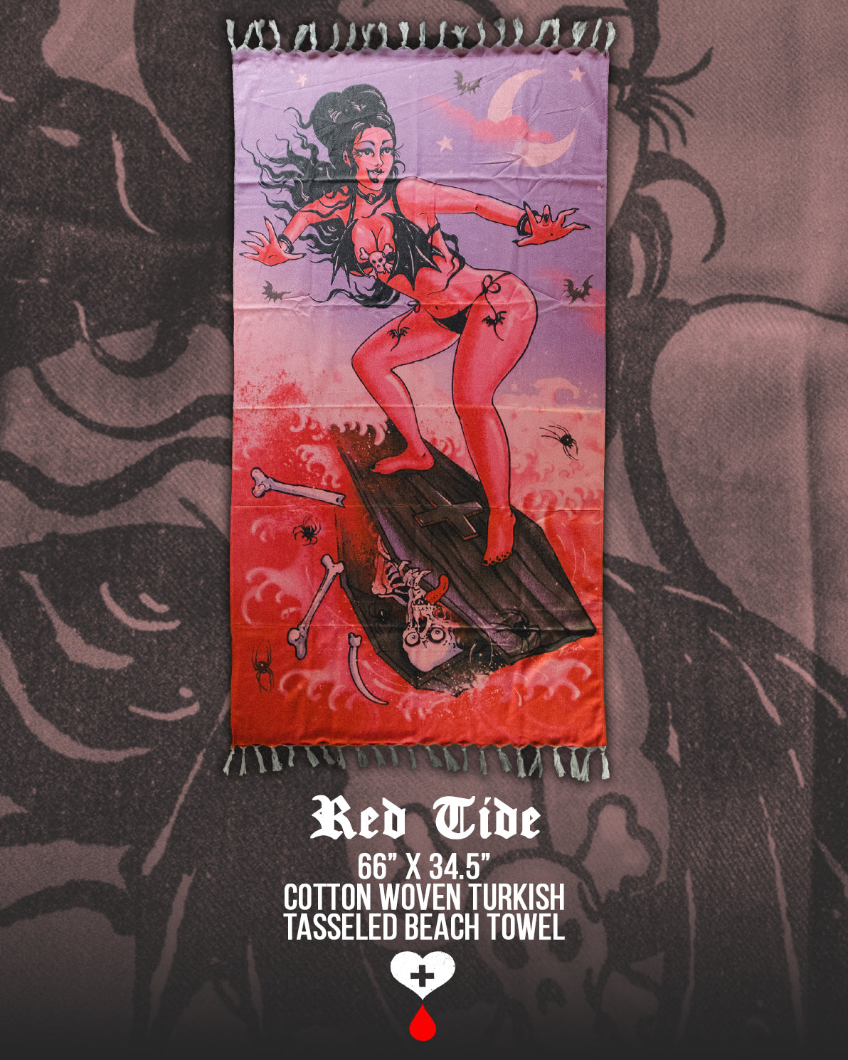 Tapestry with a  vampirewoman on a surfboard design, labeled 'Red Tide' beach towel  by Nick Filth