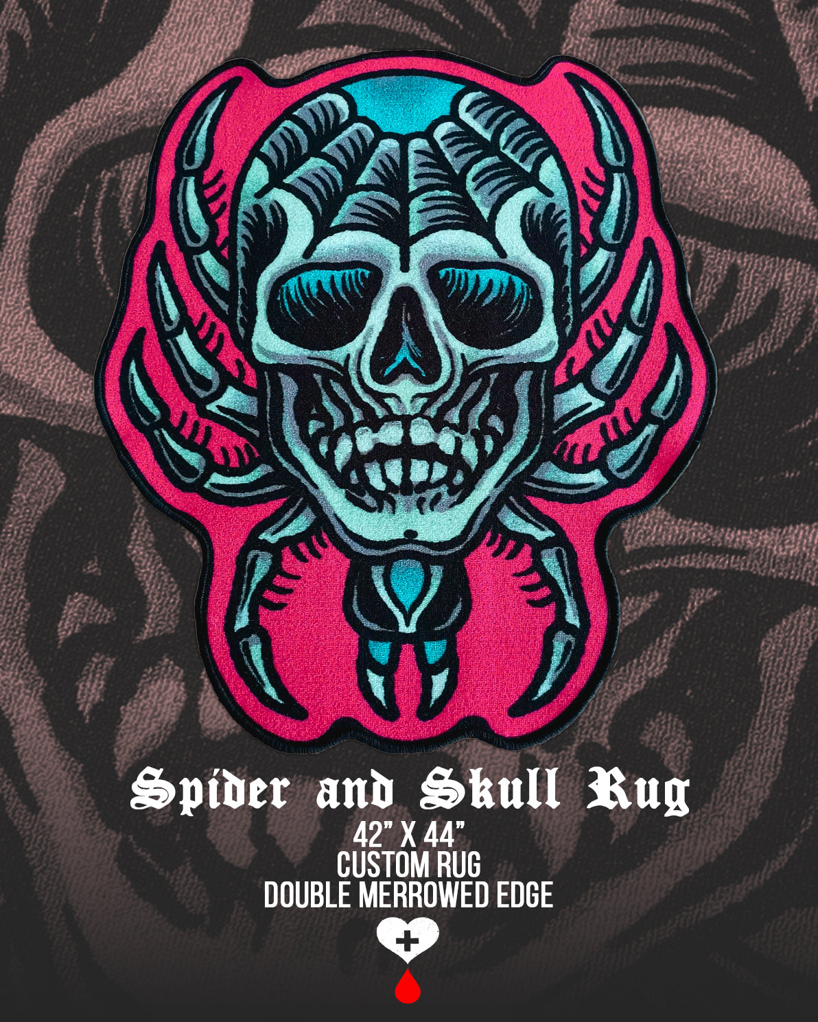 Spider and skull design on a rug with text indicating size and features  by Nick Filth