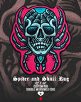 Spider and skull design on a rug with text indicating size and features by Nick Filth