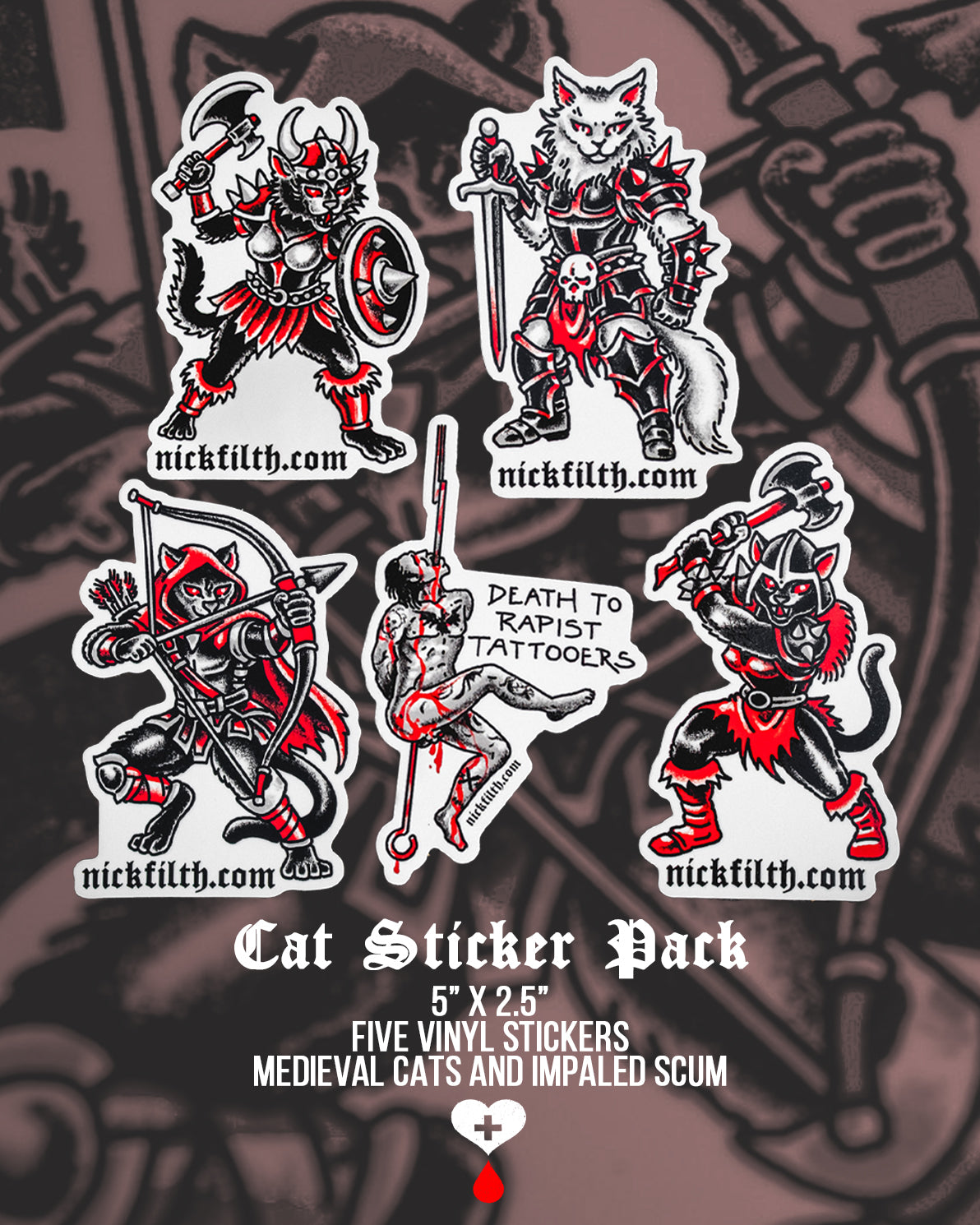 Cat-themed vinyl stickers with warrior designs on a dark background, featuring the brand 'nickfilth.com'.