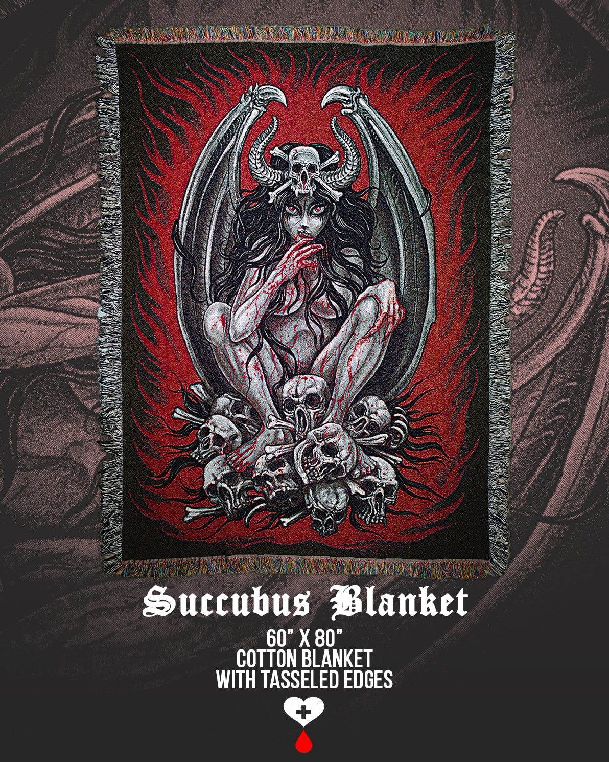 Succubus blanket with tassled edges on a dark background  by Nick Filth