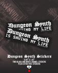 Two Dungeon Synth stickers on a dark background with text and branding.