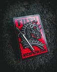 Horse-themed badge with red and black design on a textured black background